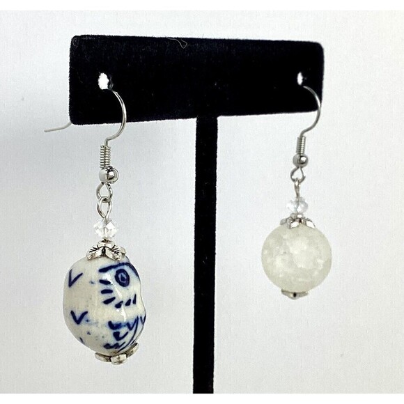 Night Owl Ceramic Bird Crackle Quartz Moon Dangle Earrings - Picture 4 of 7
